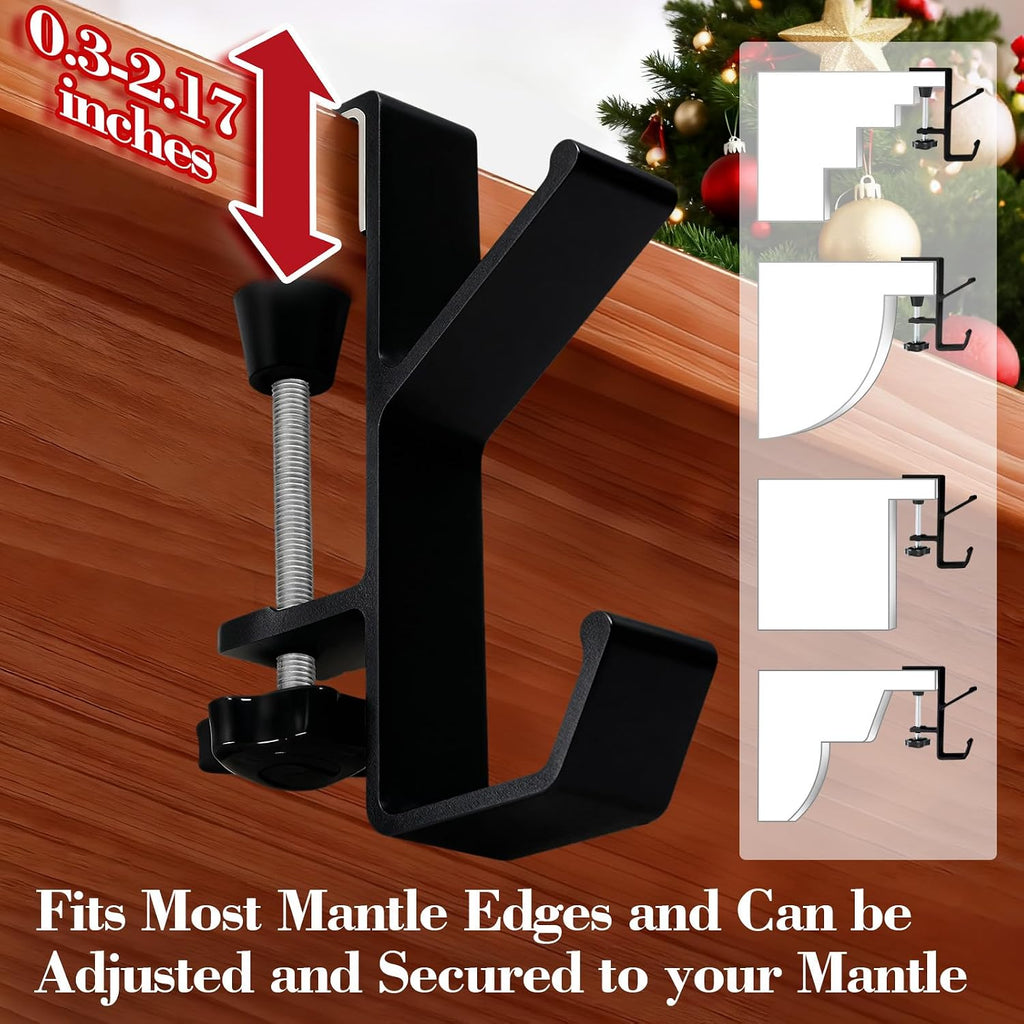4 Pack Stocking Holders for Mantle for Christmas Decorations,2 in 1 Mantle Garland Holder for Hanging Christmas Stockings,No Drilling Required & Adjustable Garland Hanger, Metal(Black)