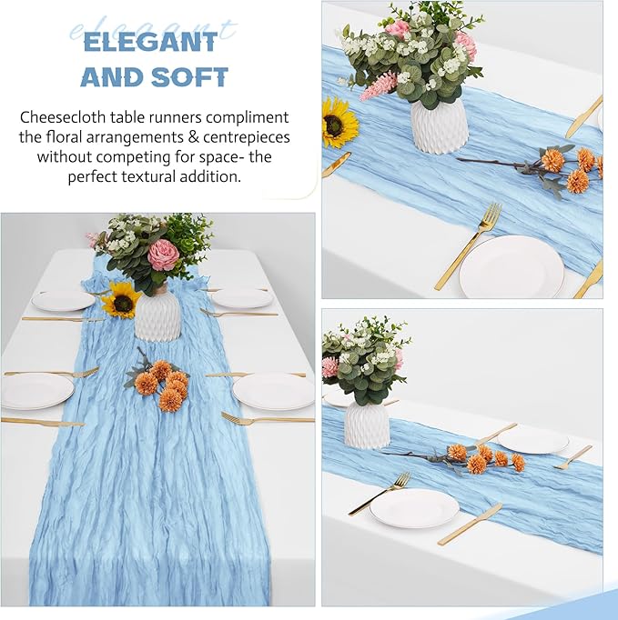 Aktor 12 Pack Light Blue Table Runner Boho Cheesecloth Table Runner Semi Sheer Gauze Fabric Runners for Wedding Birthday Baby Shower Party Boho Table Decoration（Light Blue）