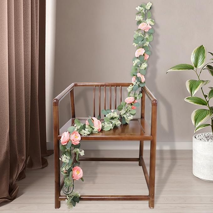 MAKHOT 2 Pcs Pink 6.6Ft Artificial Eucalyptus Flower Garland with Fake Rose Flower Vine Seeded Eucalyptus Leaves Greenery Garland for Wedding Table Backdrop Party Centerpiece Room Decor (Pink)