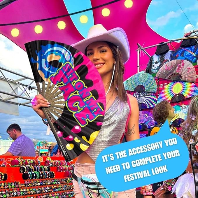 Kandies World Custom Festival Folding Hand Fan - Unique Designs, Made of Bamboo, Clacking Sound, Lightweight - Perfect Rave and Festival Accessory!