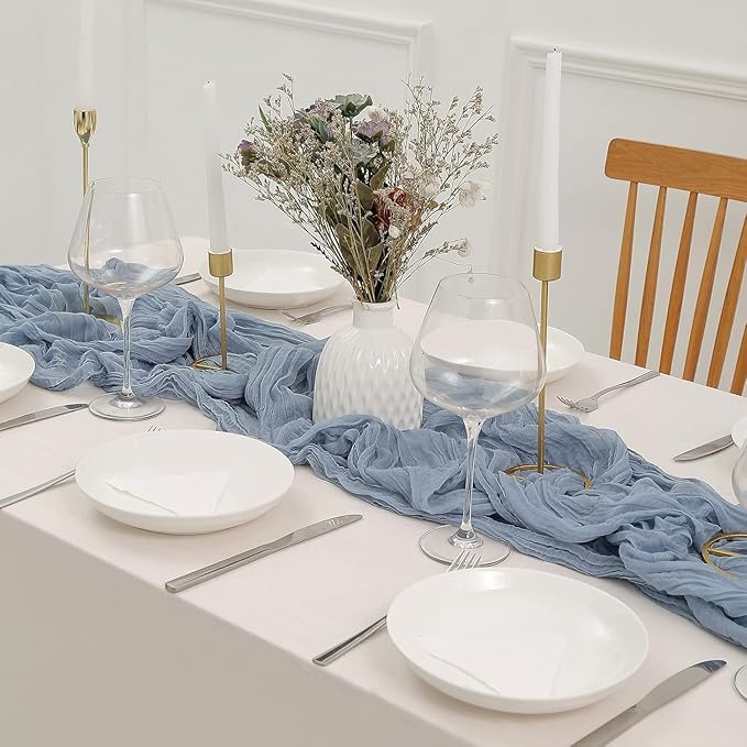 12Pcs Gray-Blue Cheesecloth Table Runner 120 Inch10FT Gray-Blue Rustic Boho Cheesecloth Table Runner Cheese Cloths for Wedding Party Baby Shower Birthday Home Decor Holiday Decorations