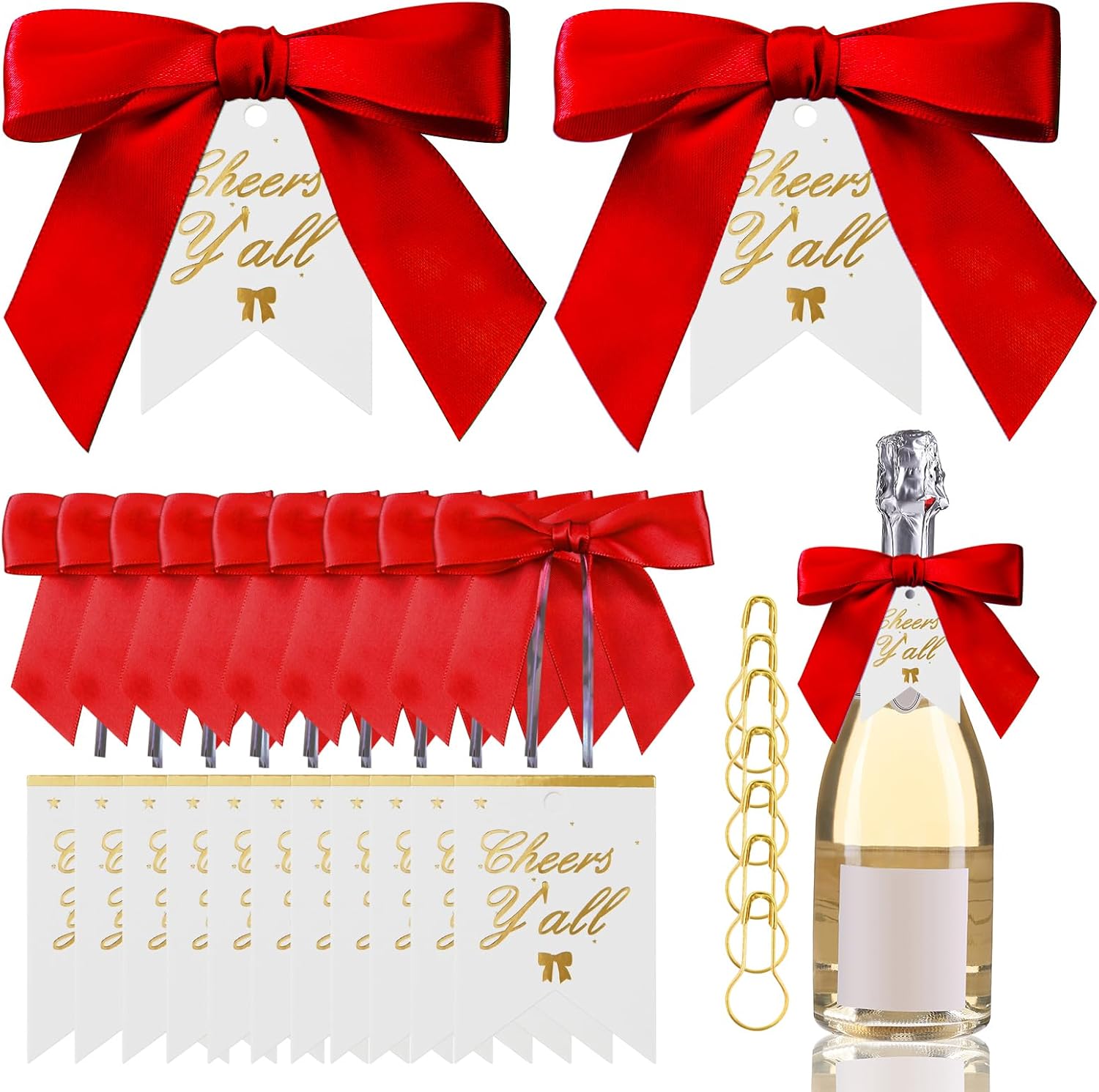 Wine Bottle Decorations Kit 50 Pcs Red Satin Ribbon Bows | Twist Tie Bows Champagne Bottle Wraps 50 "Cheers y'all" Tags and 50 Pins for Birthday Wedding Party & Holiday Decor Supplies