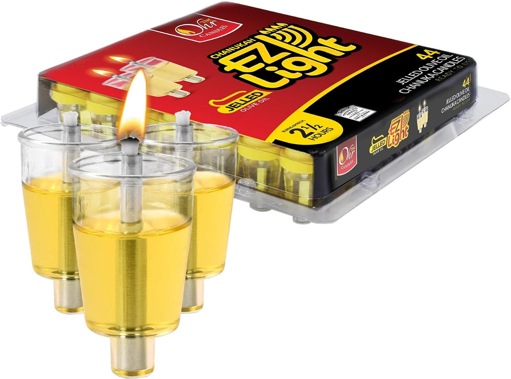 Pre-Filled Menorah Oil Cup Candles - Hanukkah Candles EZ Lights - Jelled 100% Olive Oil with Cotton Wick in Plastic Cup - Medium Size, 44 Pack, Burns 2.5 Hrs