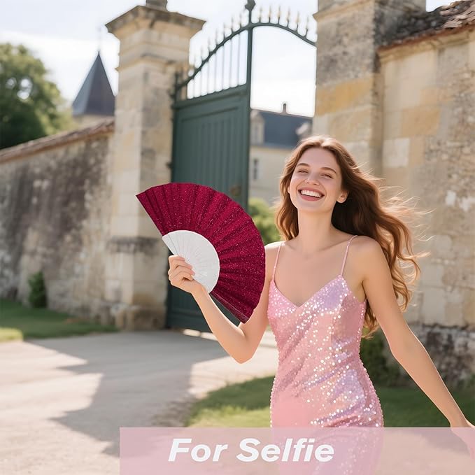 48 Pack Handheld Fan,Folding Hand Glitter fan with Shining Transparent Fan Rib – Ideal for Wedding, Church, Festival, Dance, Tea Party, Club, and EDM Accessories, Deep pink