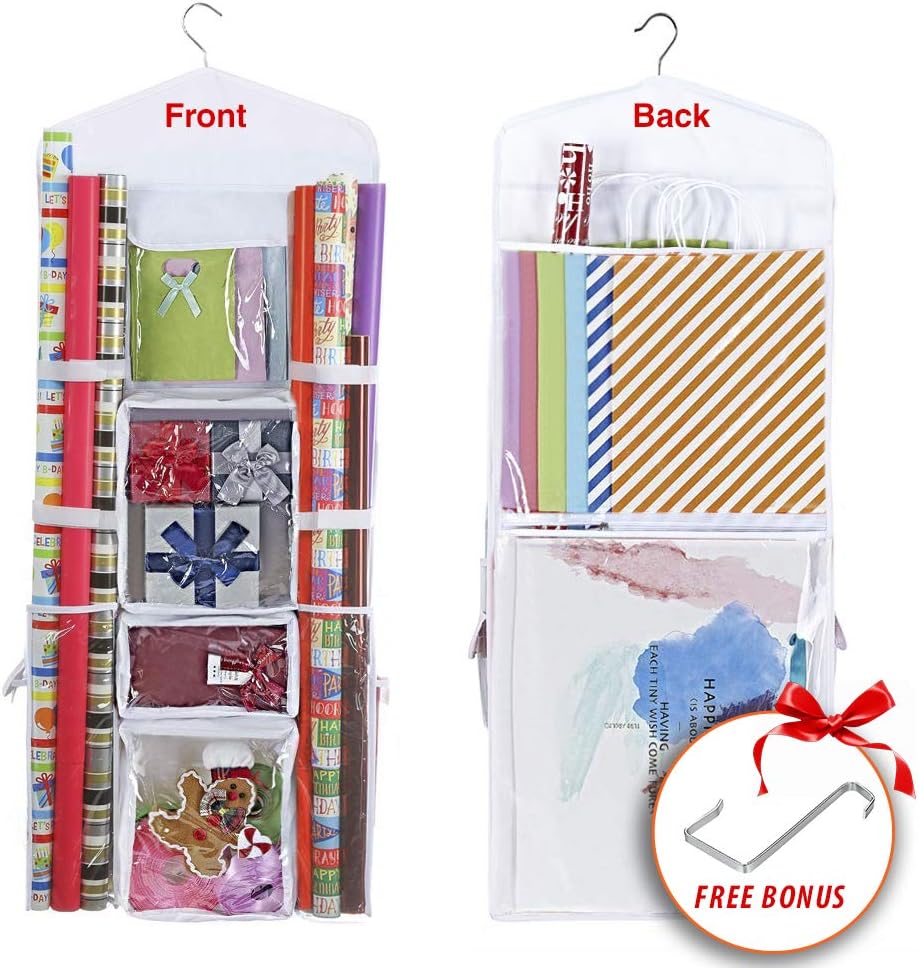 Wrapping Paper Storage Hanging Over the Door Gift Wrap Organizer Double Sided Front and Back Pockets Store Gift Wrap Gift Bags Ribbon Bows Accessories 40”x17” Fits Long 40 Inch Rolls (White)
