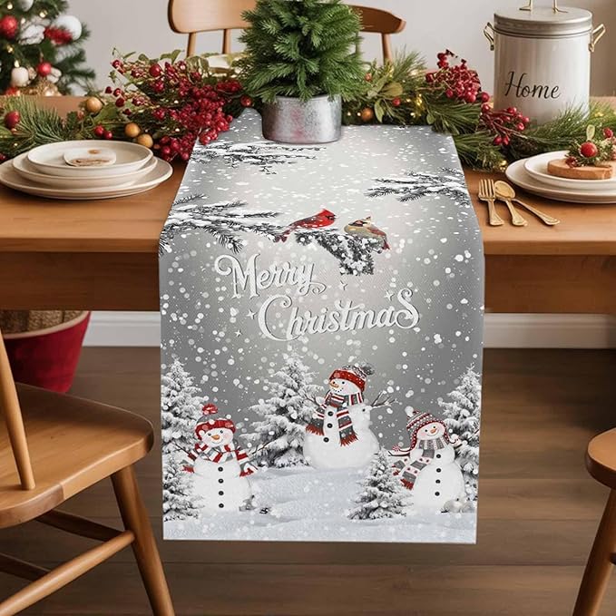Christmas Snowman Cotton Linen Table Runner for Dining Kitchen, Snowflakes Xmas Pine Tree Wedding Outdoor Party Tablerunner Decoration Winter Bird Dresser Scarf Coffee Tablecloth Runners 13x108 Inches