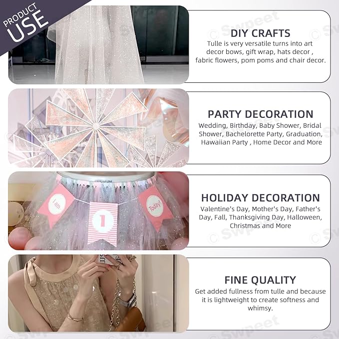 Swpeet 6 Inch by 50 Yards Pink Glitter Tulle Fabric Roll, Fabric Spool Sparkling Tulle Ribbon, Netting Polyester Spool for DIY Birthday Party Wedding Decorations Christmas Craft Supplies