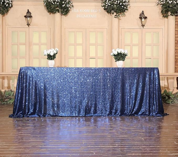 SquarePie Sequin Tablecloth Rectangular 60 x 102 Inch Navy Blue Sparkly Table Linen for Wedding Party
