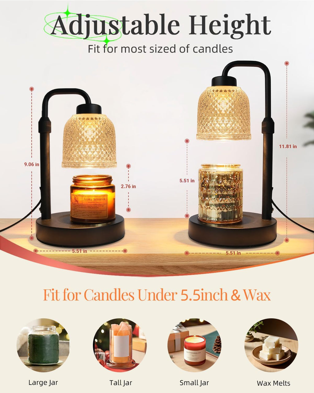 AIFEI Candle Warmer Lamp with Timer: Birthday Gifts for Women Mom CoalBlack | Flame-Free Safety Candle Lamp - Dimmable Adjustable Height with 2 Bulbs - House Warming Gifts New Home, Fits Most Jar Candle