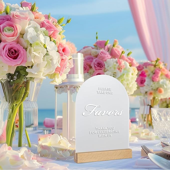 Acrylic Wedding Signs with Wood Stand, 5x7" Frosted Arch Party Favors for Ceremony & Reception, Perfect for Rustic Wedding Decoration, Anniversary, Event