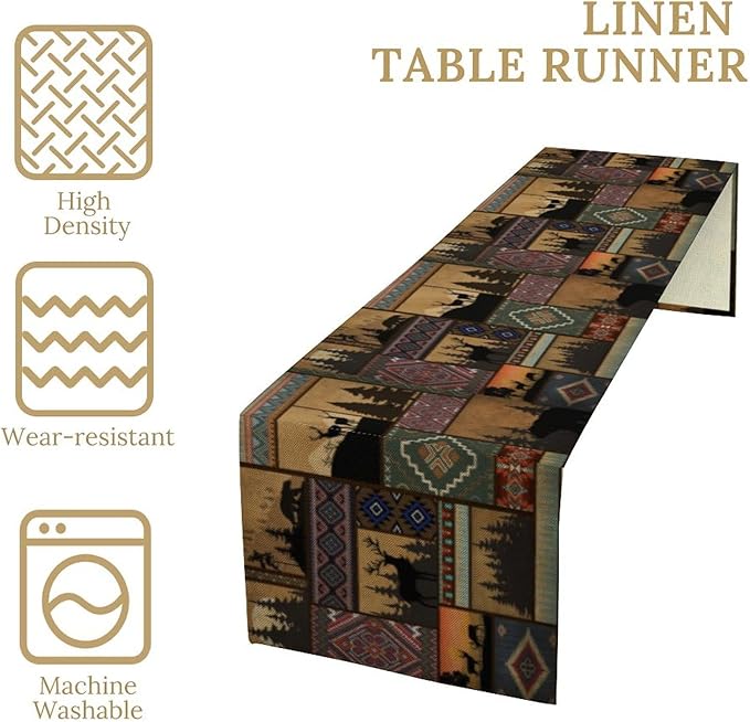Rustic Cabin Bear Aztec Table Runner, Retro Brown Bear Rustic Theme Geometry Decoration for Home Dinner Party Living Room Bedroom Table Runner 13x70 Inch