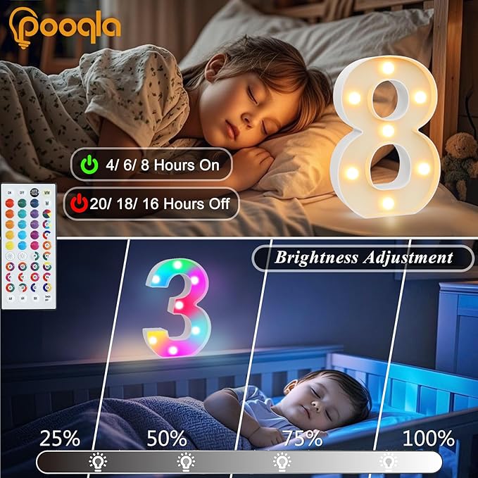 Pooqla Colorful Lighted Numbers with Remote, 35 Colors Light Up Numbers for Party, RGB LED Marquee Numbers Gift for Girls Boys 7th Birthday Decorations, Wedding, Bar, Night Light, Home Decor, Number 7
