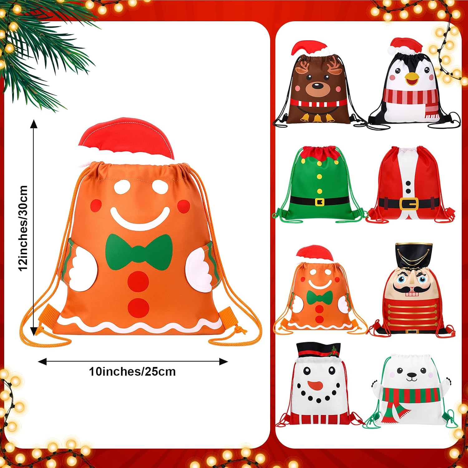 Hillban 16 Pcs Animal Drawstring Bags for Kids Party Favors Drawstring Backpack with Ear for Safari Birthday (Christmas Style)