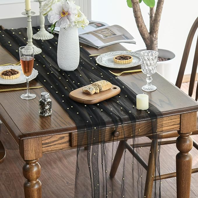 Artoid Mode Pearl Black Gauze Table Runner 59x120 Inch , Seasonal Sheer Kitchen Dining Holiday Wedding Birthday Baby Shower Table Decor for Home Party