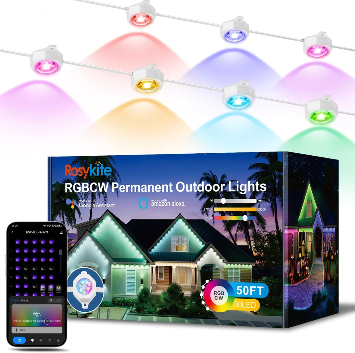 rosykite outdoor christmas lights - 50ft smart rgb+ic, main product view