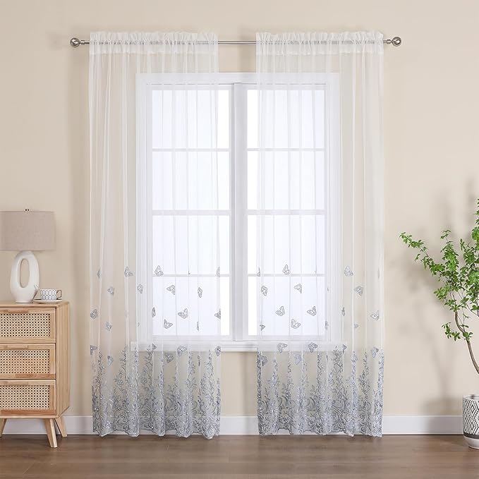 VISIONTEX White Sheer Voile Curtains, Decorative Blue Embossed Butterflies Rod Pocket Window Drapes for Home Kitchen, Living Room and Bedroom 54 x 84 Inch, Set of 2 Curtain Panels