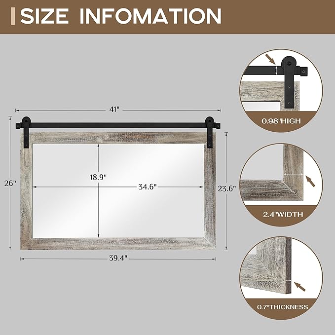 COGOOD Farmhouse Barn Door Mirror - 41" x 26" Rustic Wood Framed Wall Mirror for Bathroom, Living Room, Entryway Wall Decor (Yellow White)