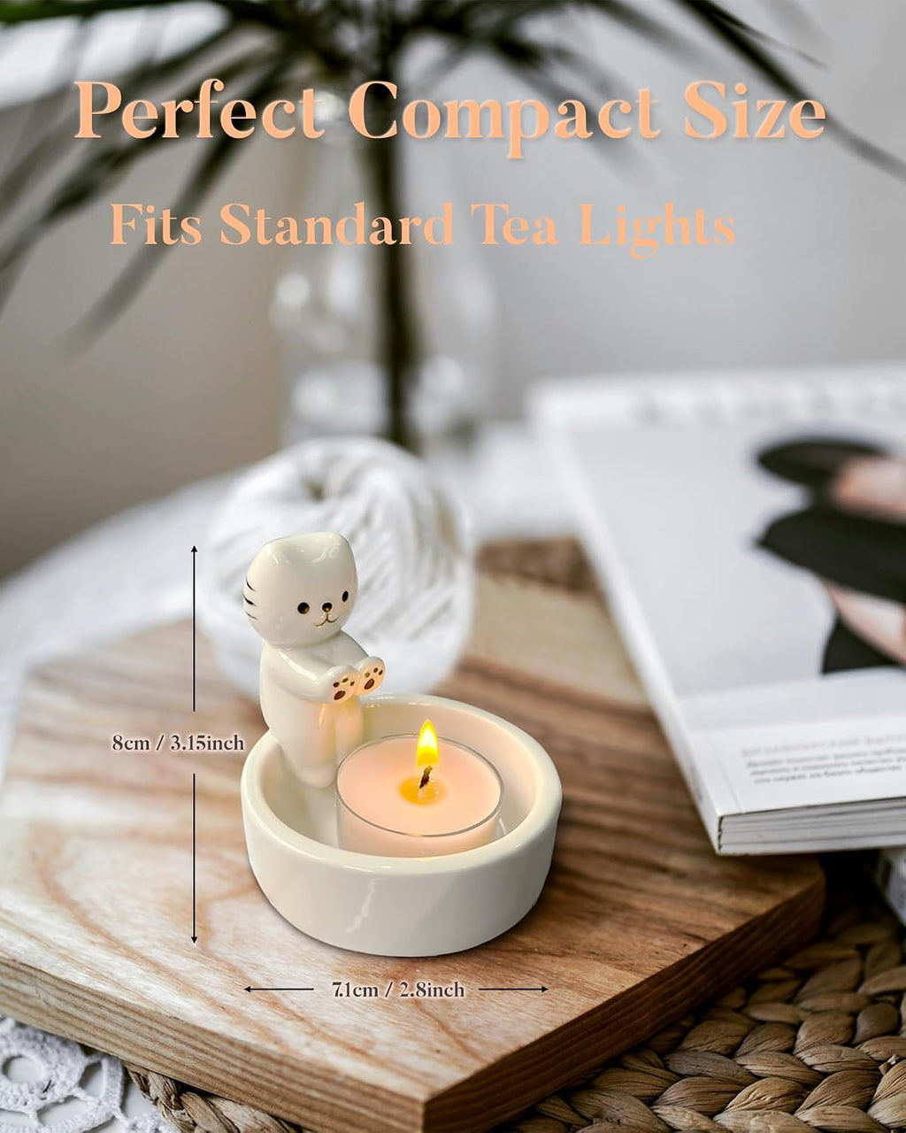Cat Candle Holder with 4 Scented Tealight Candles & Free Keychain, Cute Ceramic Kitten Candlestick, Cartoon Cat Paw Candle Decor, Cat Lover Gift for Women, Home Aromatherapy Set