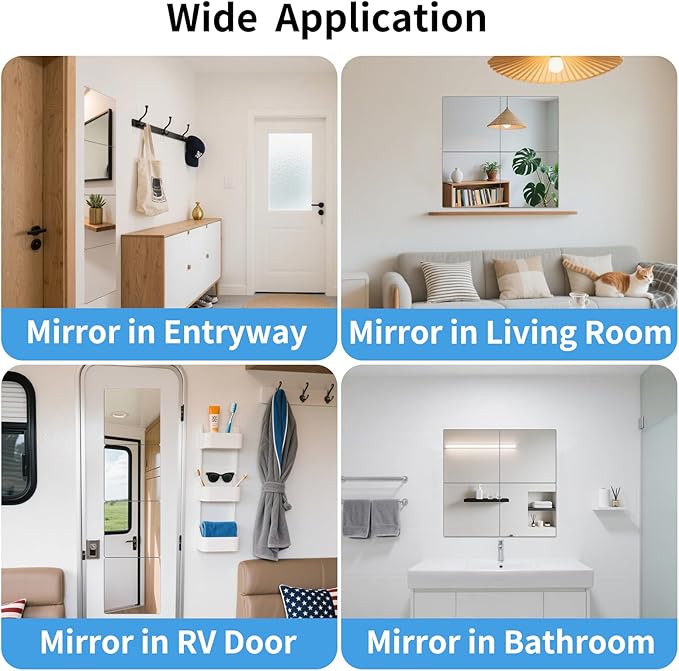 Unbreakable Acylic Small Mirror Tiles for Kids, (4-Pcs 14x14 Inch) Plastic Mirrors for Wall, Stick on Mirrors for Wall Decor, Shatterproof Mirror for Kids Bedroom