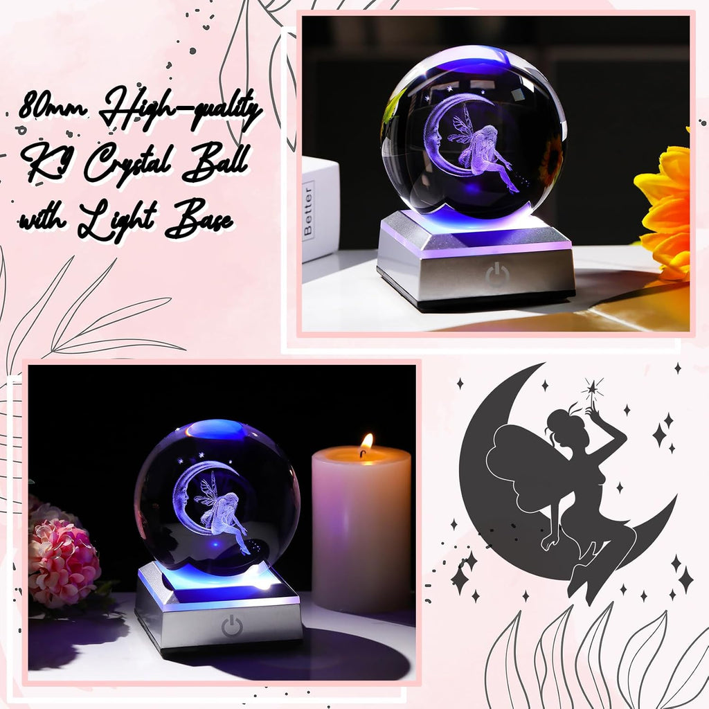 Ornalrist 3D Crystal Ball Engraved Fairy & Moon Gifts, Gifts for Daughter | Moon Fairy Crystal Ball Gifts for Girls Her, Fairy Glass Sphere Decor Gift, Gifts Ideas on Birthday Christmas for Women