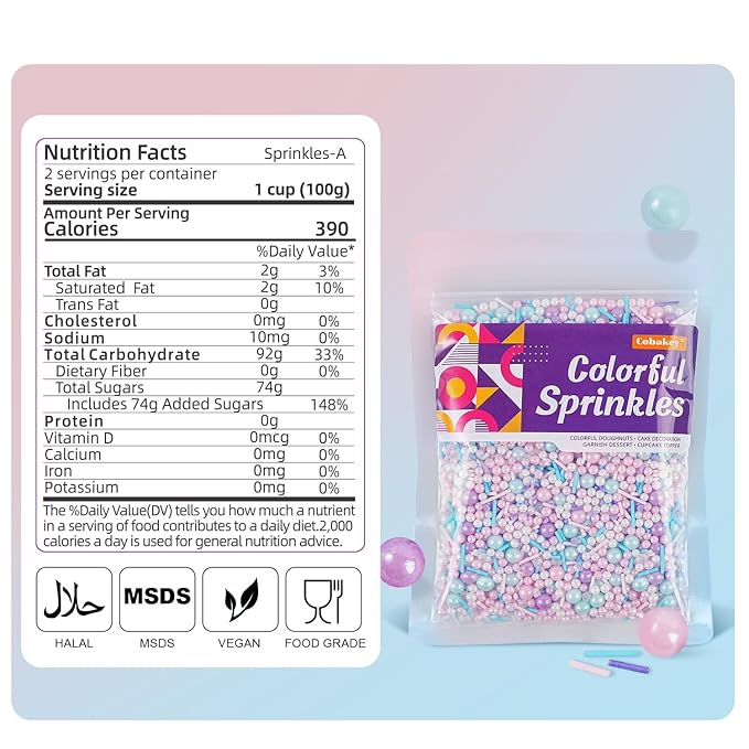Pastel Sprinkles for Cake Decorating, 7oz Pink Purple Blue White Pearl Confetti Jimmies Mix - Sprinkles for Cupcakes, Ice Cream, Cookies, Baking Toppings - Wedding, Birthday, Christmas Party Supplies