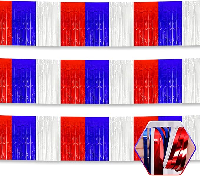 3 Pack 10 Long White Blue Red Metallic Foil Fringe Garland Wall Hanging Tassle Banner, Mother's Day, Easter, Parade Floats, Birthday, Theme Party, Wedding Party Decorations