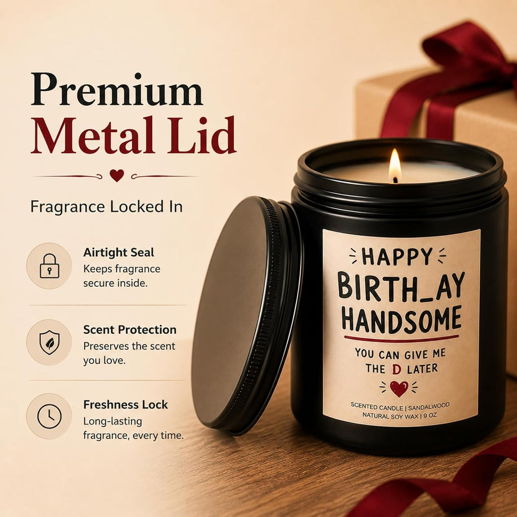 Funny Birthday Gifts for Husband, Boyfriend, Sandalwood Amber Soy Wax Candle for Him, Cheeky Birthday Gift for Men, 9 oz Black Jar Candle