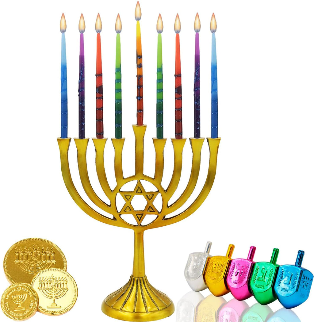 The Dreidel Company Dripless Hanukkah Candles, Multicolored Striped Deluxe Tapered Decorations, 1-Hour Burn Time 45 Menorah Candles for All 8 Nights of Chanukah