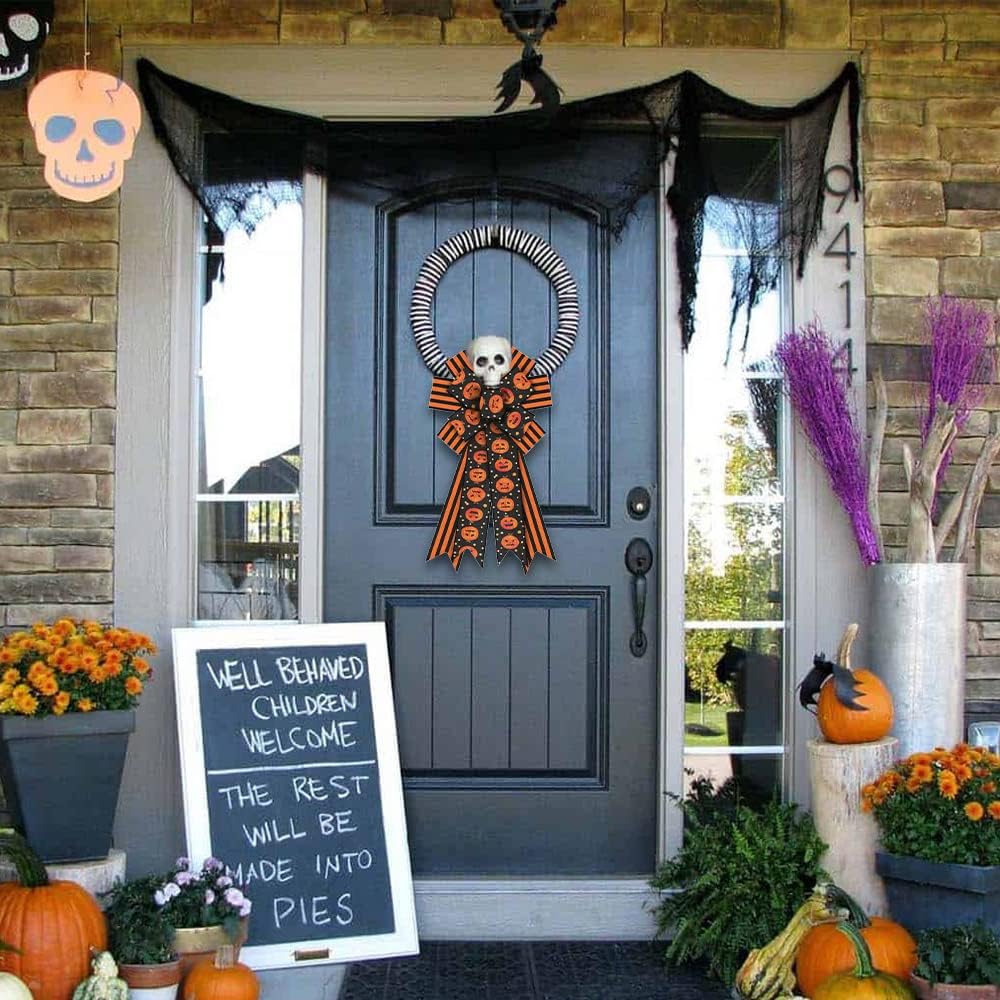 Large Halloween Wreath Bows Halloween Bows Orange Strips Pumpkins Spots Burlap Bows for Wreaths, Halloween Ribbon Bows Tree Topper Bows for Home Indoor Outdoor Decoration Wreath Ornament Supplies