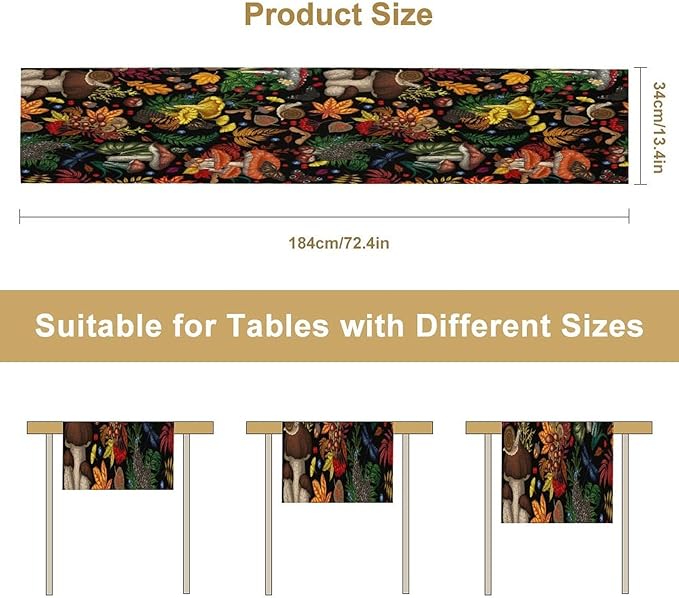 Nature Mushroom Table Runner,Retro Boho Floral Botanical Plant Forest Pattern Print Tablecloth Burlap for Hotel Indoors Outdoor Dining Room Kitchen Holiday Party, 13x108in