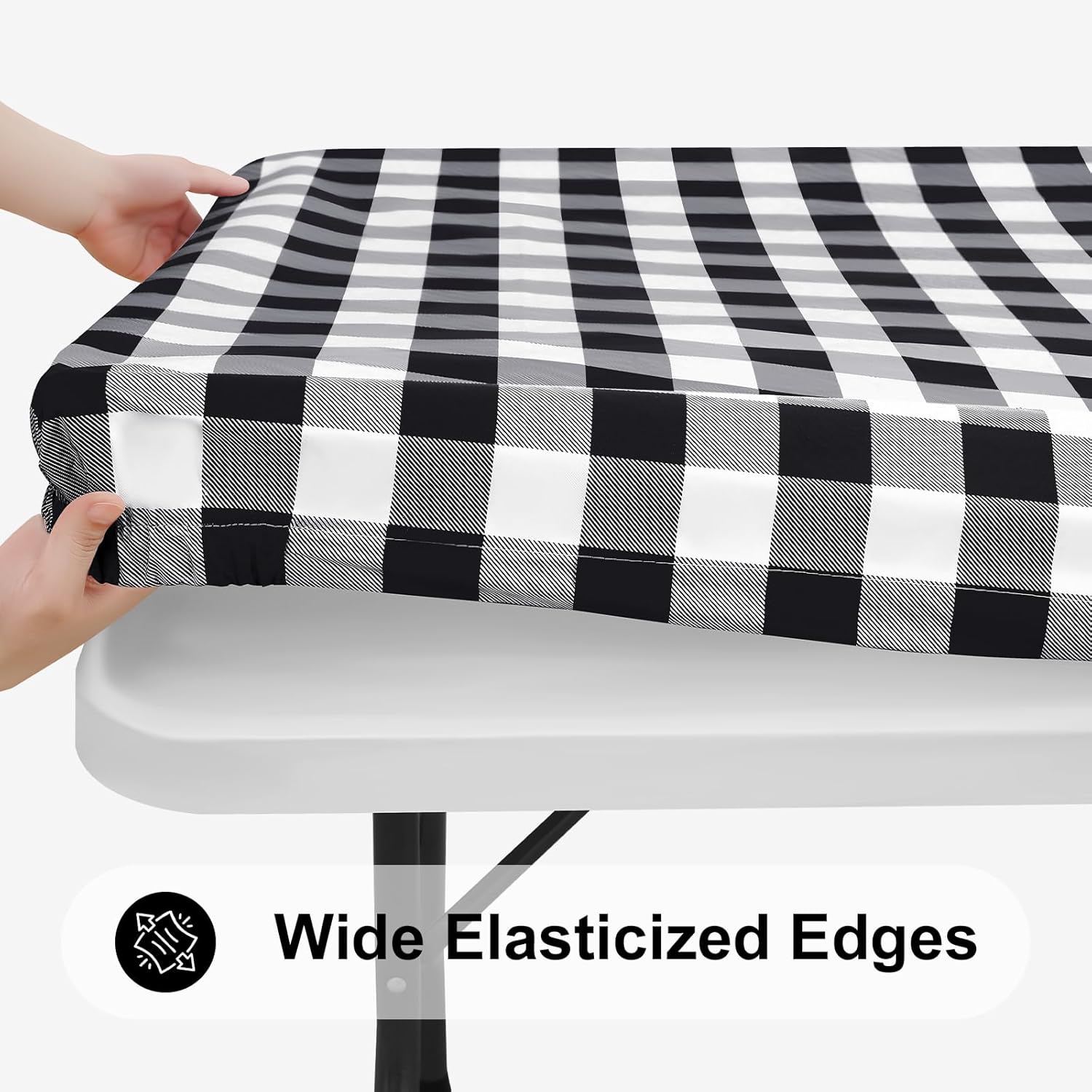 Smiry Rectangle Picnic Table Cloth, Elastic Waterproof Fitted Vinyl Tablecloths, Flannel Backed Buffalo Plaid Table Covers for Dining, Camping, Outdoor (Black and White, 30" x 72")