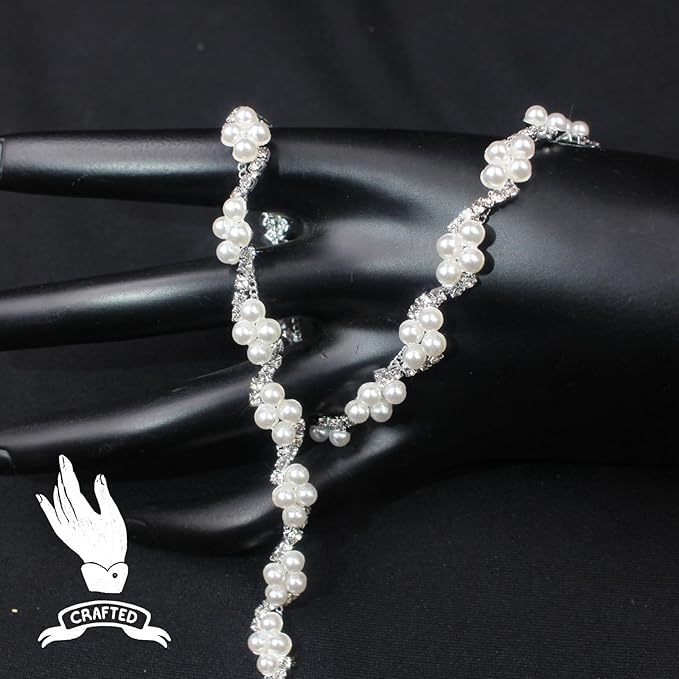 PEARLY JUN 2 Yards Pearl Rhinestone Trim Chain Silver Crystal Fringe Diamond Applique Ribbon String Tassel Strip for Sewing Wedding Dress Crafting Crafts Flower Embellishments