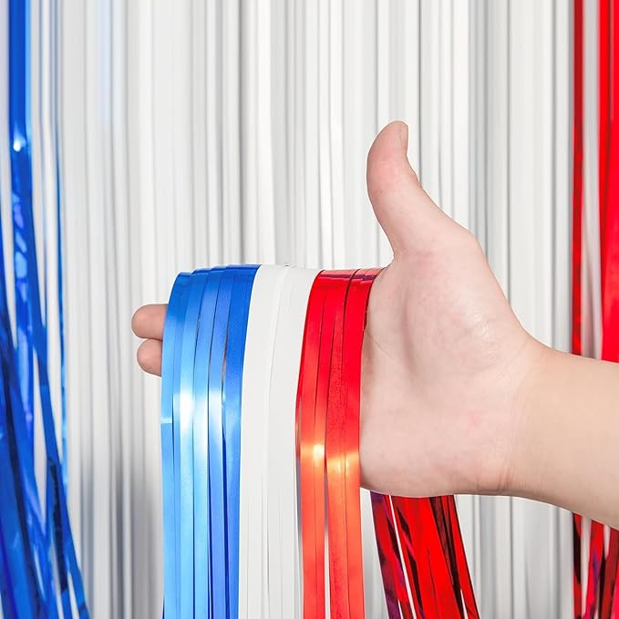 2 Pack Red White and Blue Foil Fringe Backdrop Curtains, Tinsel Streamers Party Decorations, Fringe Backdrop for Patriotic, Memorial Day, 4th of July, Independence Day