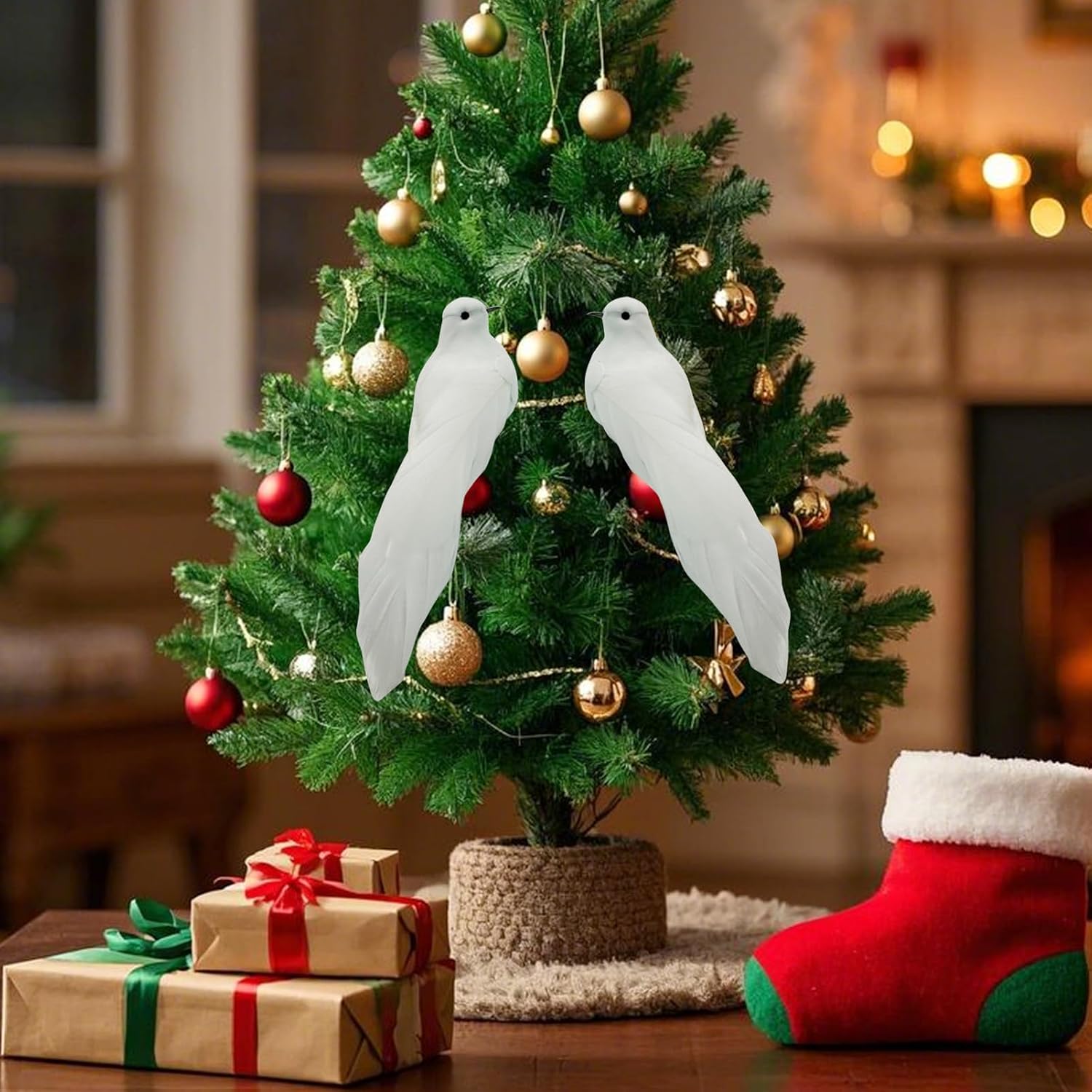 2PCS Artificial White Doves Bird Ornaments 5.5inch Foam Feathered Birds for Christmas Decoration Weding Party Home Garden Decor