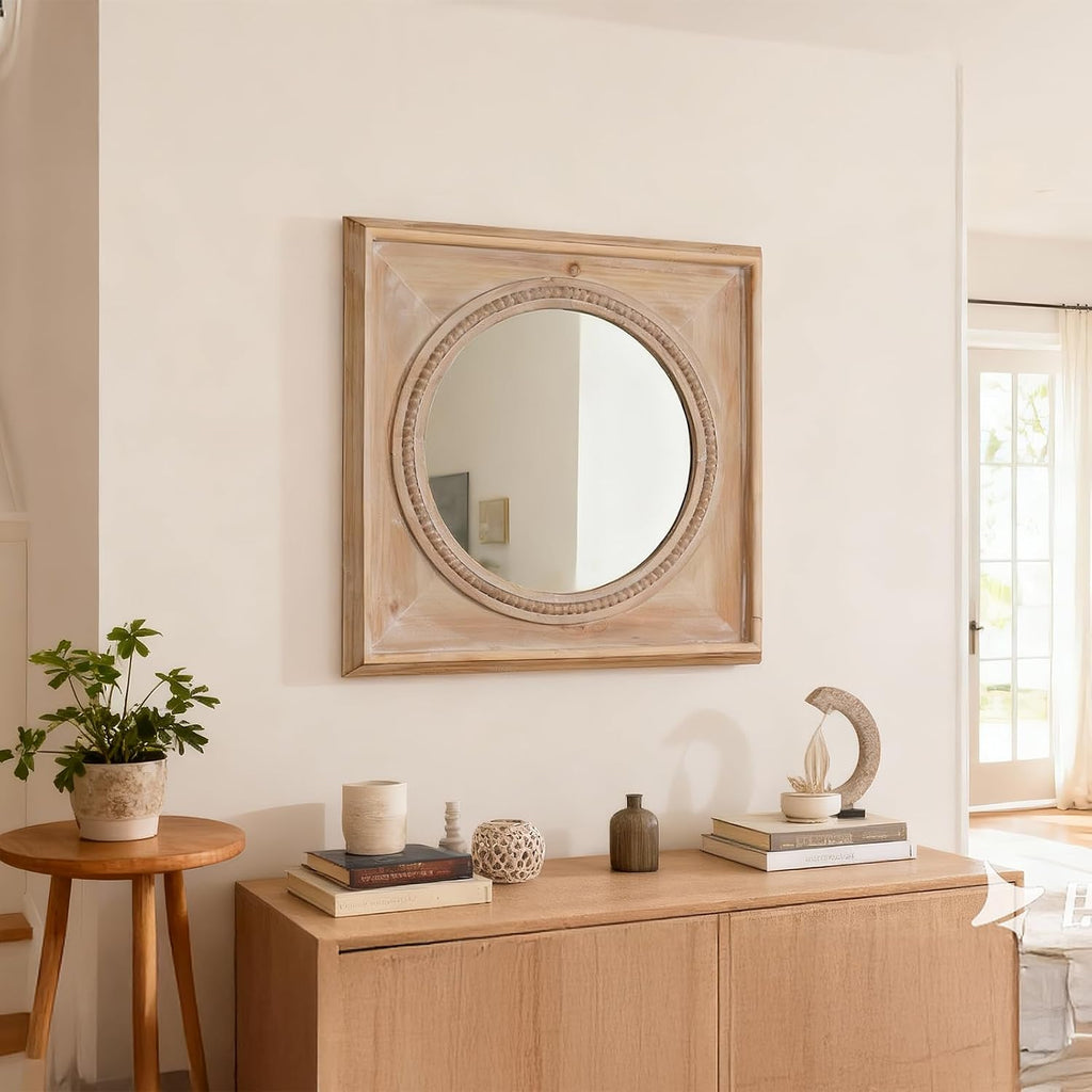 rustic square wood wall mirror with beaded trim on a desk or shelf