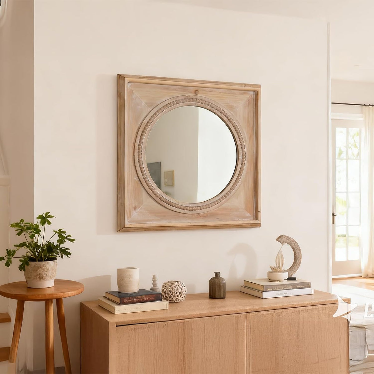 rustic square wood wall mirror with beaded trim on a desk or shelf