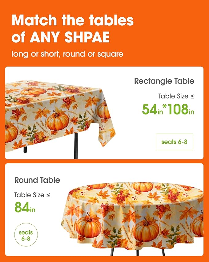 Pureegg Plastic Table Cloth Disposable 10 Pack, 54 x 108 Inch Table Cloths, Thanksgiving Decorations, Harvest Party, Fall Tablecloths, Rectangle Tables, Leakproof & Sturdy, Pumpkin Harvest