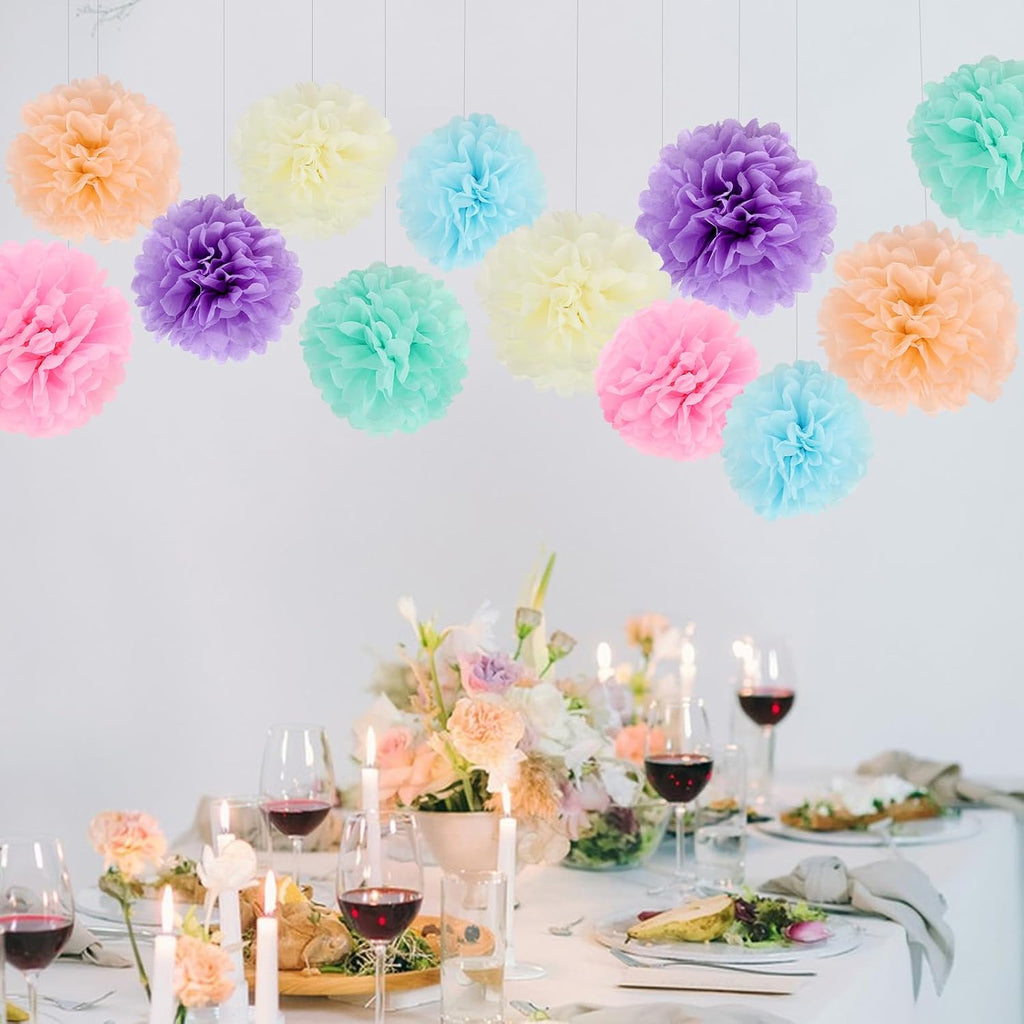 BestoFun 16Pcs Pastel Party Decorations - Pom Poms, Paper Flowers for Wedding, Birthday, Engagement Receptions, Bridal Shower