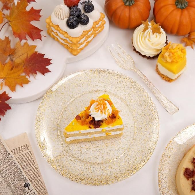 Festiva 200Pcs Gold Glitter Dessert Plates 6.3" with Forks 5"-Small Plastic Dessert/Cake/Appetizer Plates Disposable for 100 Guests Thanksgiving Party &Wedding& Birthday& Christmas