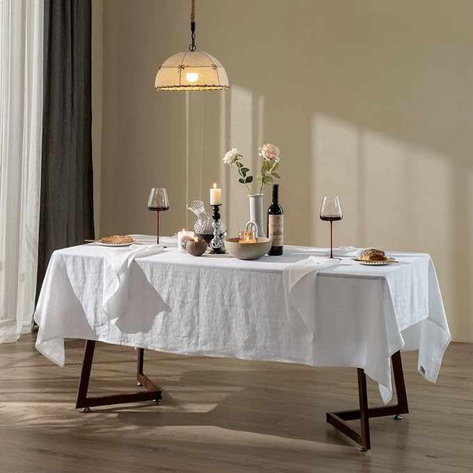 Talasily Linen Tablecloth 100% Pure Linen Table Cloth 60x108 Inches Rectangle Tablecloths Washable Cloths for Kitchen, Dining, Buffet Parties, Holidays, Picnic, Weddings and Restaurants-White