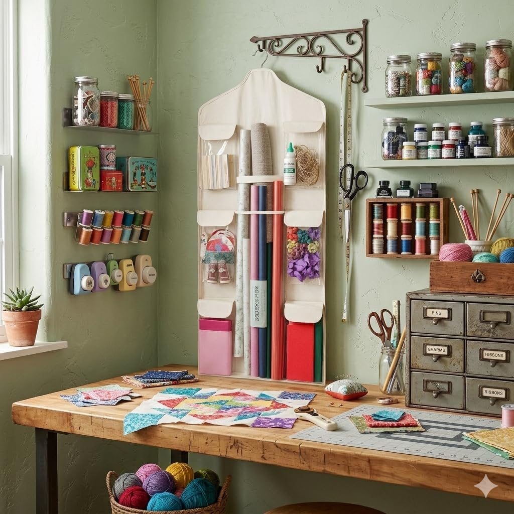 Wrapping Paper Organizer Storage – Double-Sided Hanging Gift Wrap Holder with Wooden Hanger – Over the Door or Closet Storage for Gift Bags with Pockets – For Christmas, Birthdays & Special Occasions.