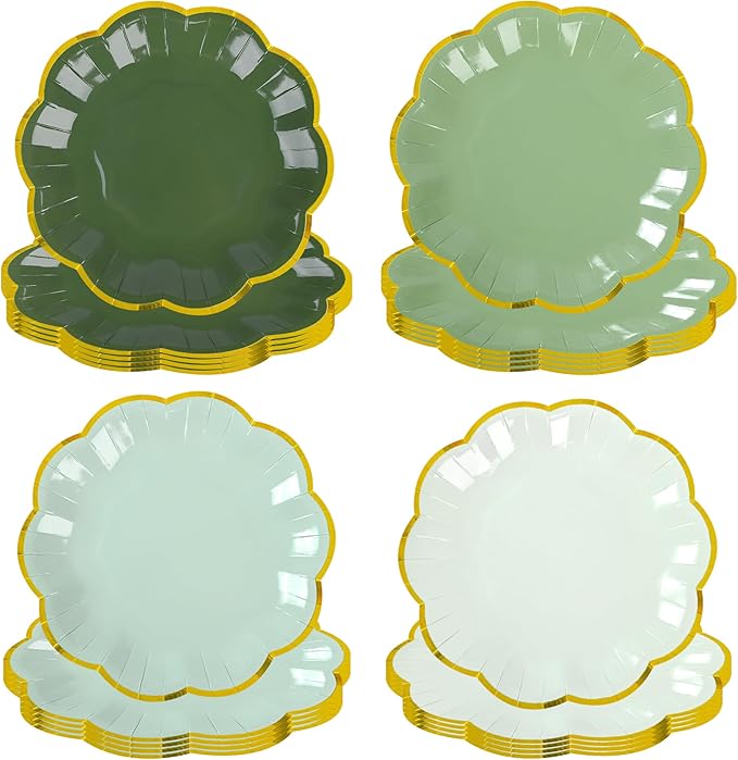 Sage Green Party Plates Gradient Green Dessert Paper Plate 7inch Gold Foil Scalloped Edge Disposable Cake Plates for Christmas Birthday Bridal Baby Shower Wedding Party Supplies (48)