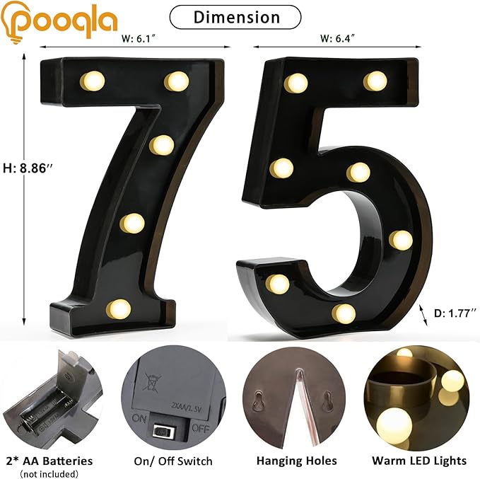 Pooqla Decorative Led Light Up Number Letters, Black Plastic Marquee Number Lights Sign for 75th Birthday Party Wedding Decor Battery Operated Black Decoration 75
