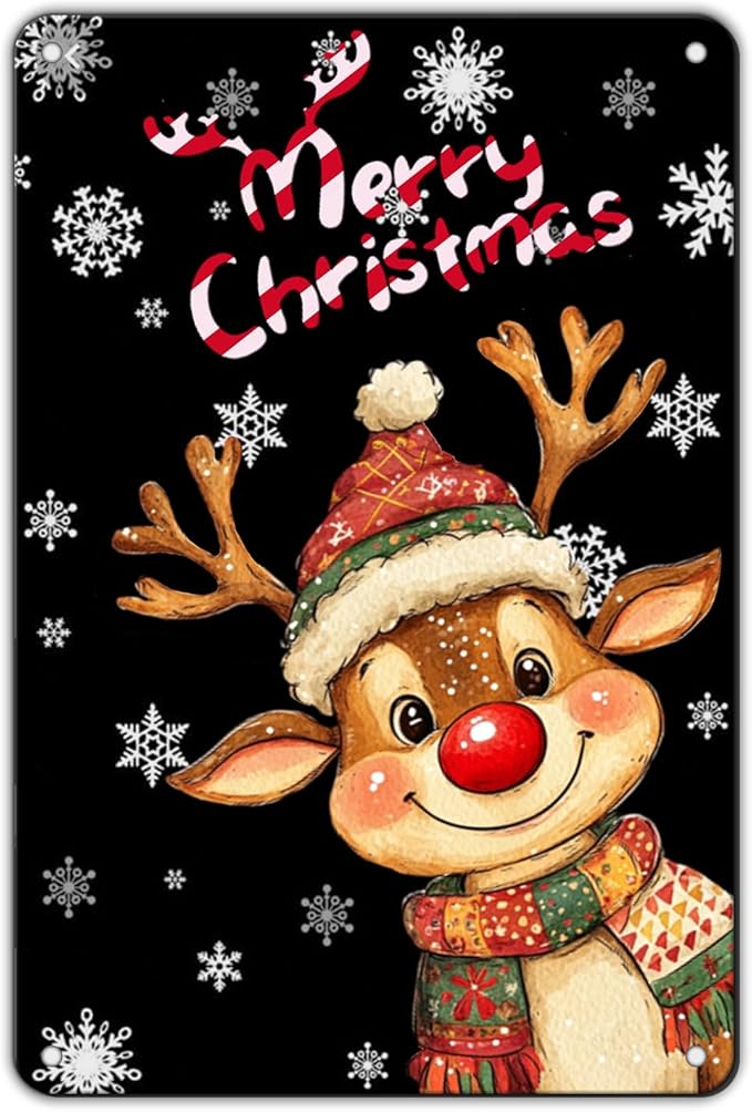 Christmas Reindeer Metal Tin Sign - Merry Christmas Sign for Outdoor & Indoor Decoration - 8x12Inch