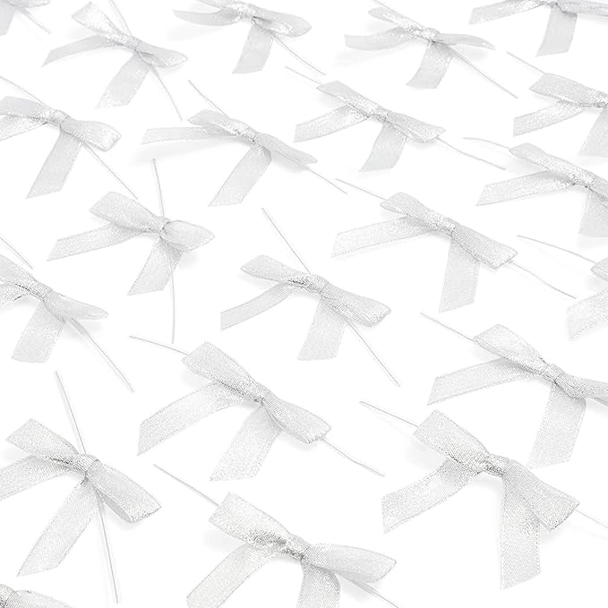 Bright Creations Mini Silver Ribbon Bows - 3-Inch, Silver, 100 Count, Polyester Satin - Twist Tie Bows for Treat Bags, Party Favors & Crafts