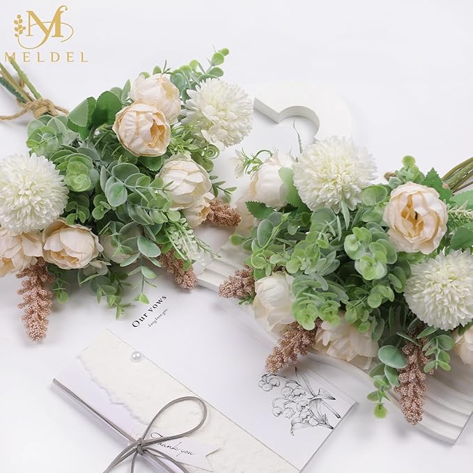 Meldel 3Pcs Rose Bouquet Light Champagne Artificial Flowers Peony Eucalyptus Plants Silk Flower Arrangements Wedding Bouquets Decorations Plastic Floral Centerpieces for Home Kitchen Party Decor