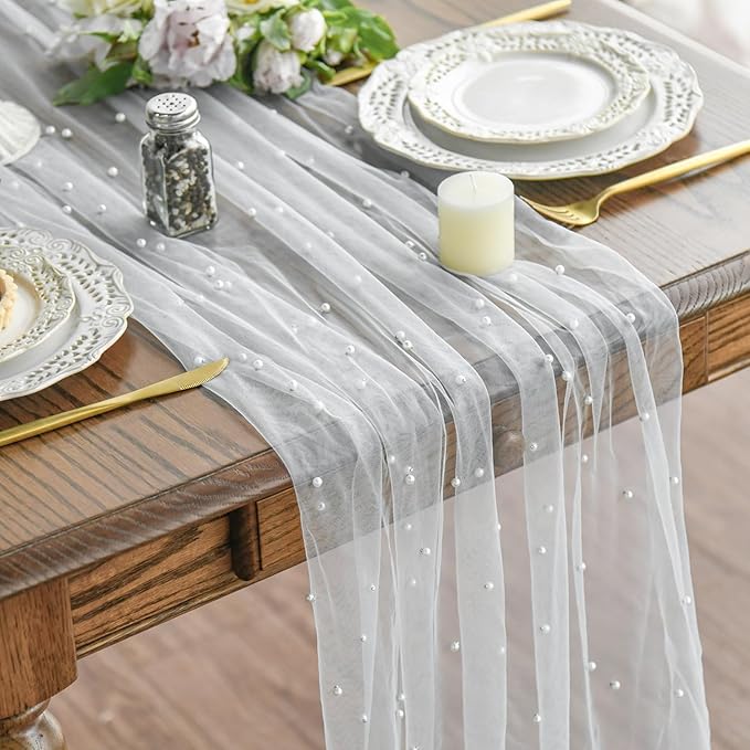 Artoid Mode Pearl Gauze Table Runner 59x120 Inch , Seasonal Sheer Kitchen Dining Holiday Wedding Birthday Baby Shower Table Decor for Home Party