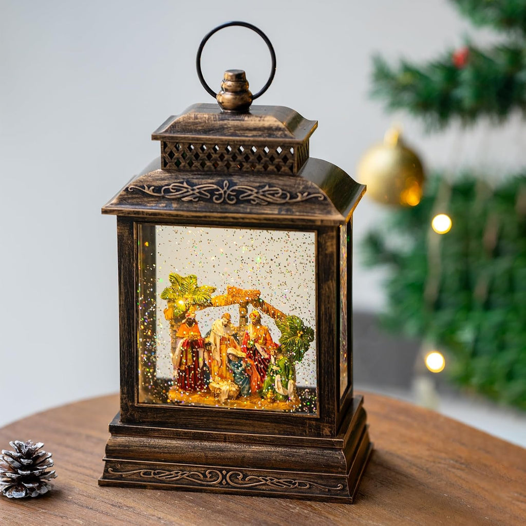 EYZH Christmas Nativity Snow Globe Lantern with 6 Hour Timer, Musical Lighted Nativity Scene Water Globes with Nativity Scene Indoor 11.75 inch USB Sparkling for Living Home,Bedroom Everyday Decor