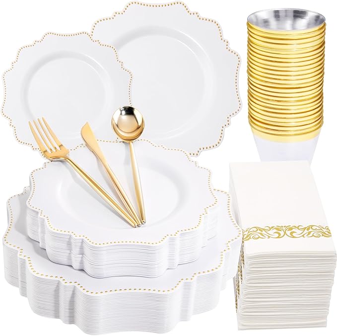 COLOSUS 175pcs Plastic Party Plates Disposable Plastic Dinnerware set. 25guests White Gold Dinner & Dessert Plates with Silverware Cups and Napkins for Party Dinner and Wedding