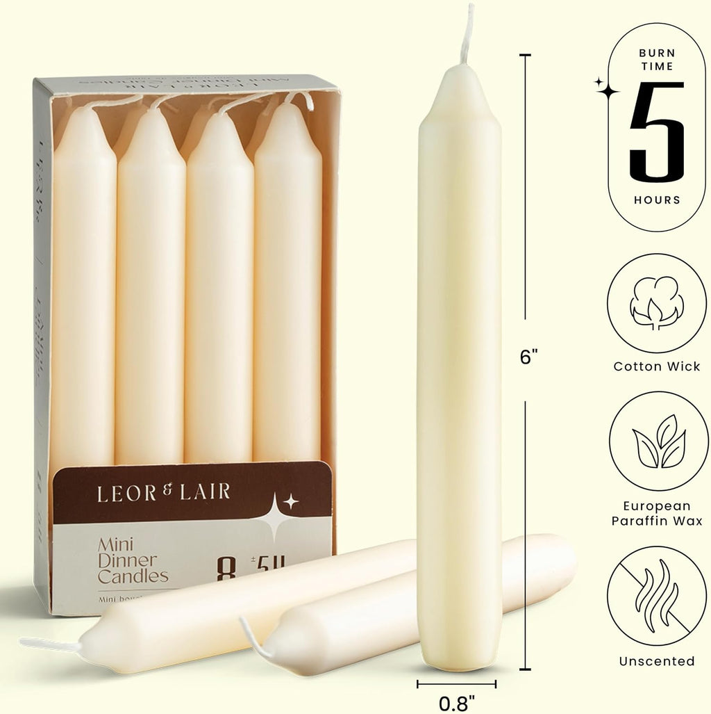Leor & Lair Ivory Candlesticks – Pack of 8 Small Candle Sticks – 6 Inch Taper Candles with Cotton Wick – 5 Hour Burn Cream Taper Candles for Events, Holiday & Home Décor